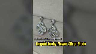 Κομψά Apple Green Lucky Flower Ασημένια καρφωτά σκουλαρίκια Μπλε CZ Stud