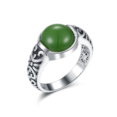 Ο χαρασμένος ασημένιος πολύτιμος λίθος 925 χτυπά δαχτυλίδι νεφριτών 10x10mm το στρογγυλό διαμορφωμένο σκούρο πράσινο