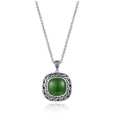 9.48g 925 ασημένια αλυσίδα 14x14mm χαντρών κρεμαστών κοσμημάτων πολύτιμων λίθων πράσινο κρεμαστό κόσμημα νεφριτών μαξιλαριών